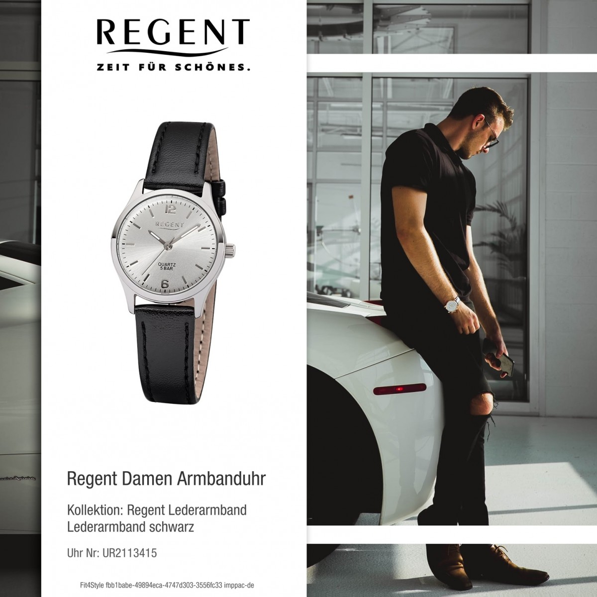Regent Damen-Armbanduhr 32-2113415 Leder-Armband Quarz-Uhr schwarz UR2113415