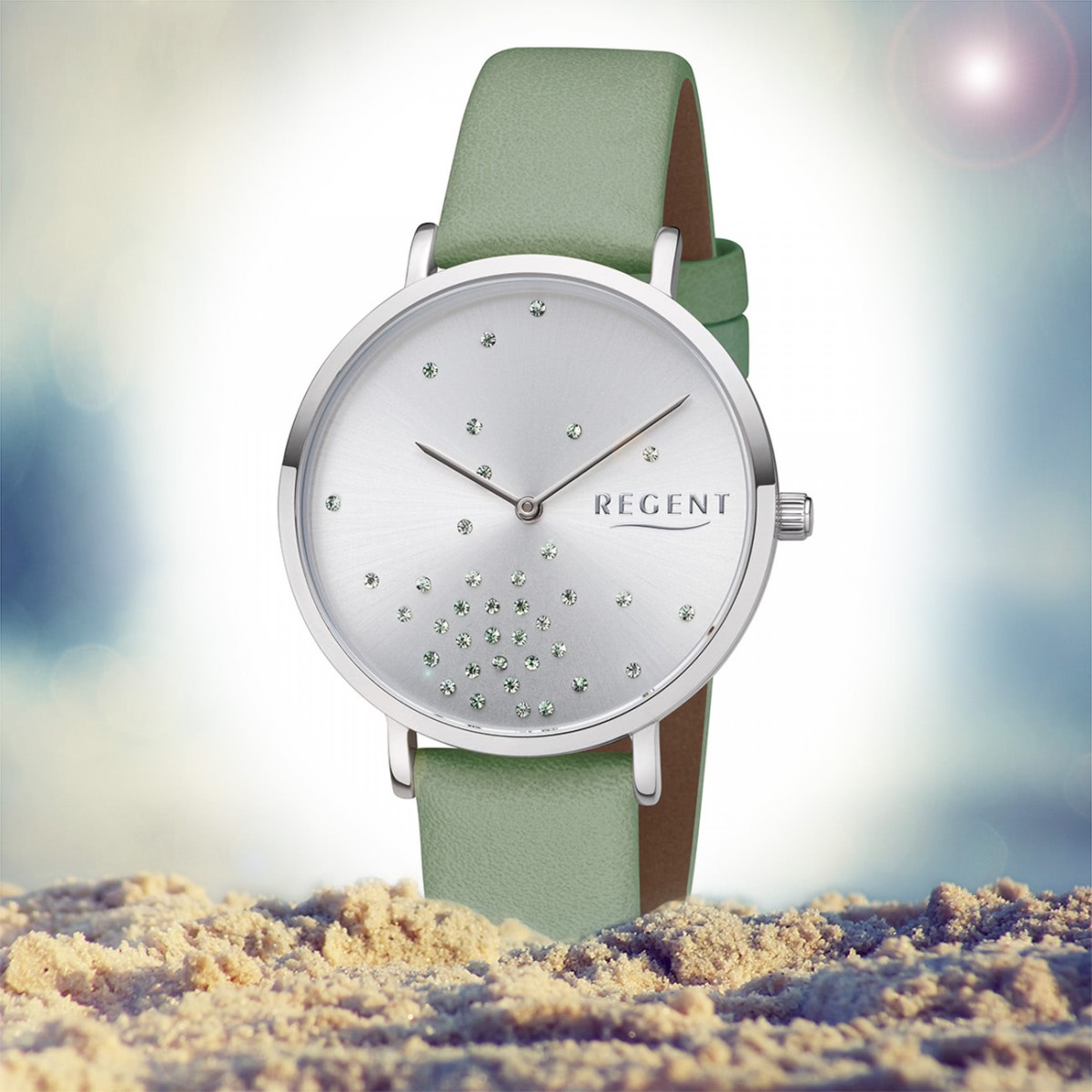 Regent Damen Armbanduhr grün URBA598 BA-598 Analog Quarz-Uhr Leder