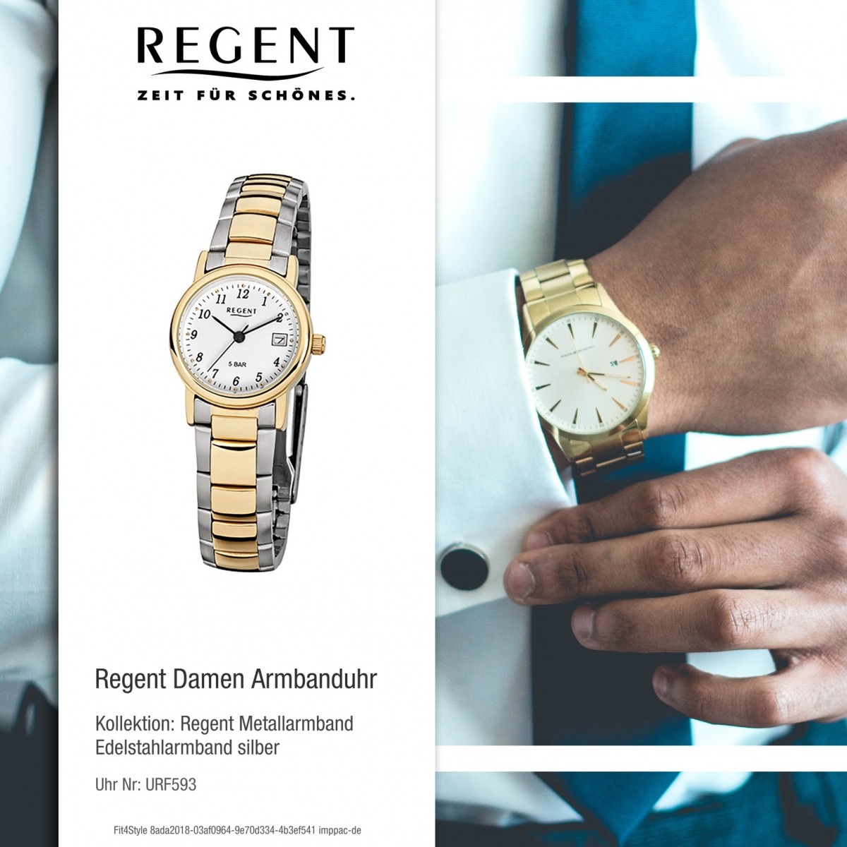 Regent Damen-Armbanduhr F-593 gold silber Quarz-Uhr URF593 Stahl-Armband