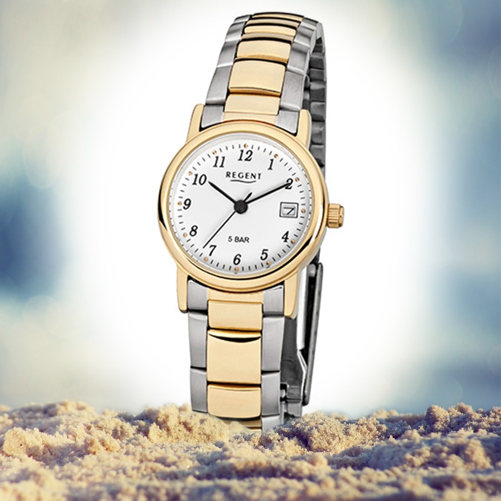 Regent Damen-Armbanduhr F-593 Quarz-Uhr Stahl-Armband gold silber URF593