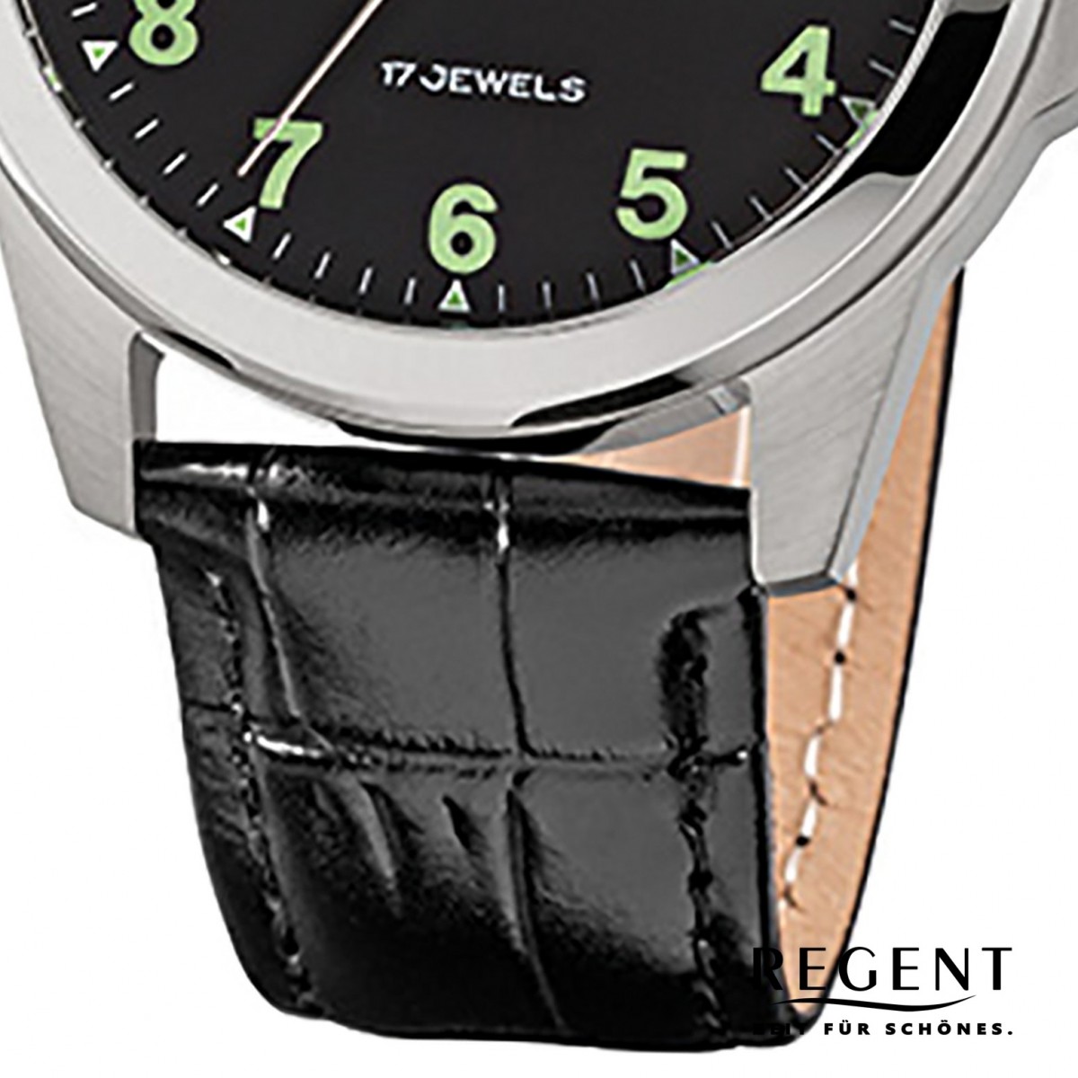 Regent Herren-Armbanduhr F-1392 Handaufzug Leder-Armband URF818 schwarz