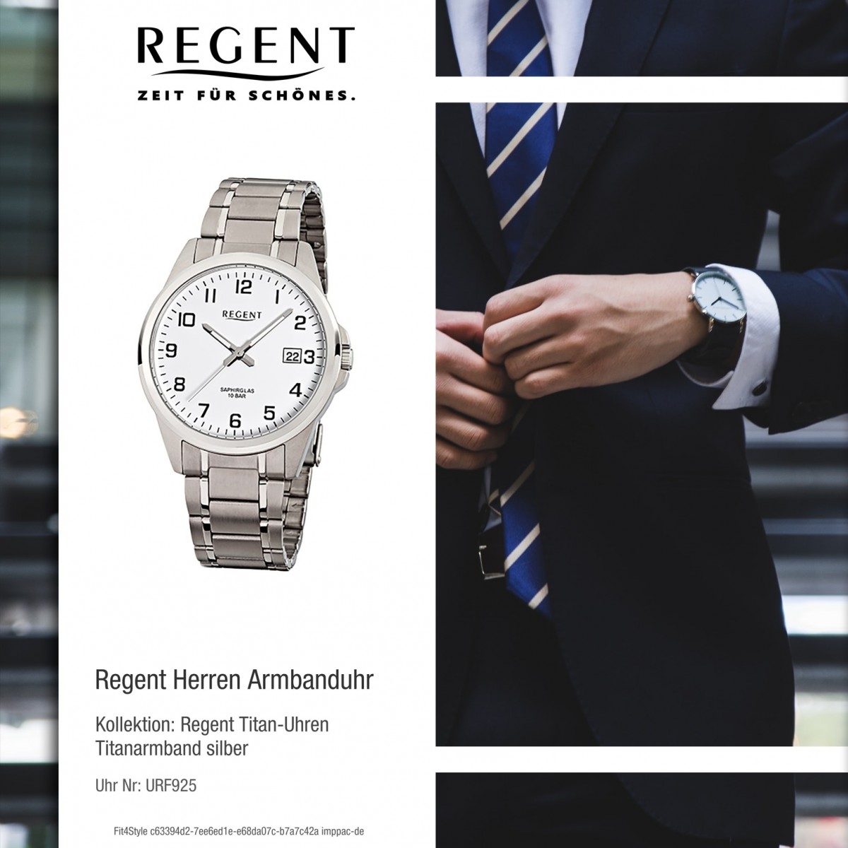 Regent Herren-Armbanduhr URF925 F-925 silber Titan-Armband Quarz-Uhr