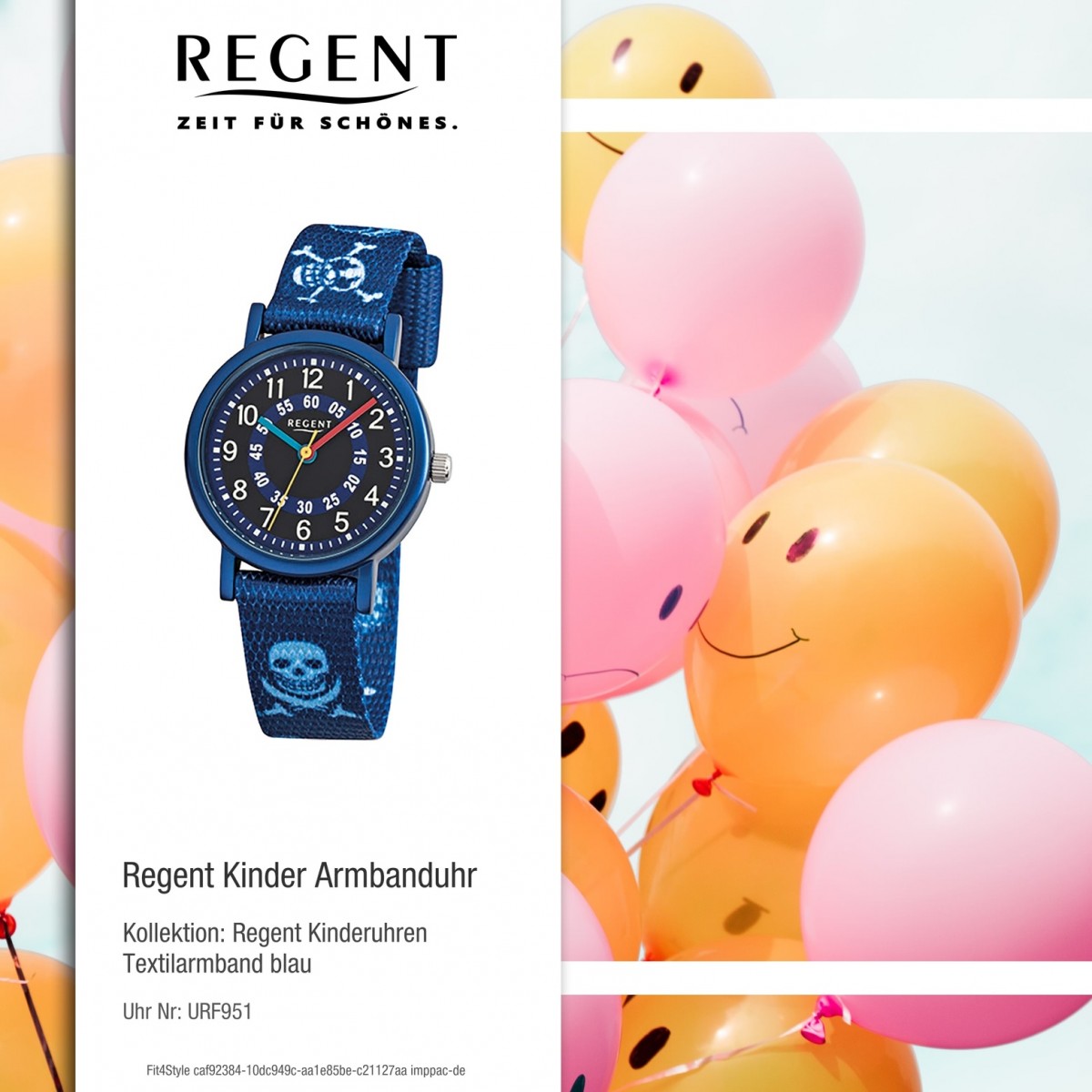 Regent Kinder-Armbanduhr Pirat Mineralglas URF951 Textil Quarz blau