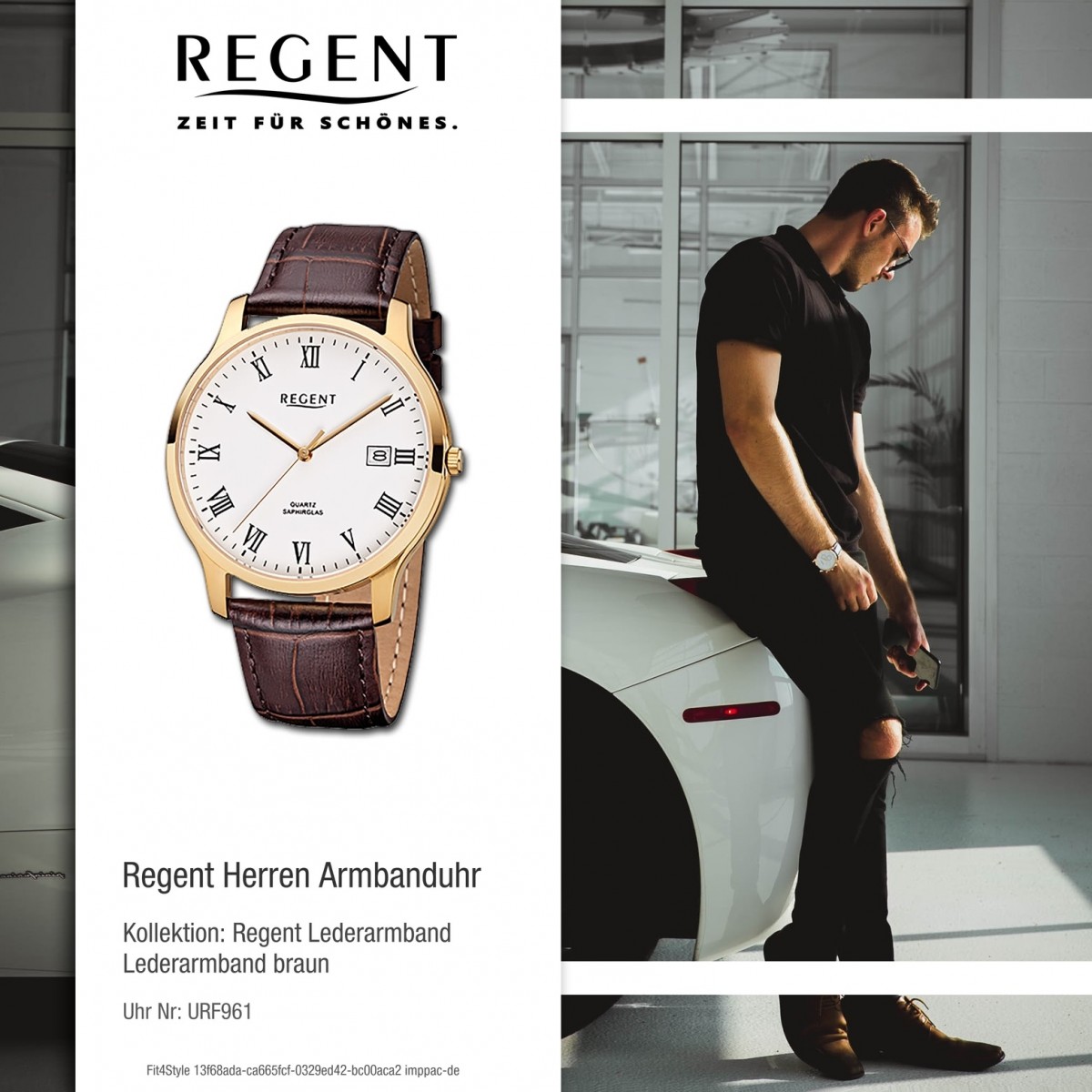 Regent Herren-Armbanduhr Quarz-Uhr braun F-961 Leder-Armband URF961