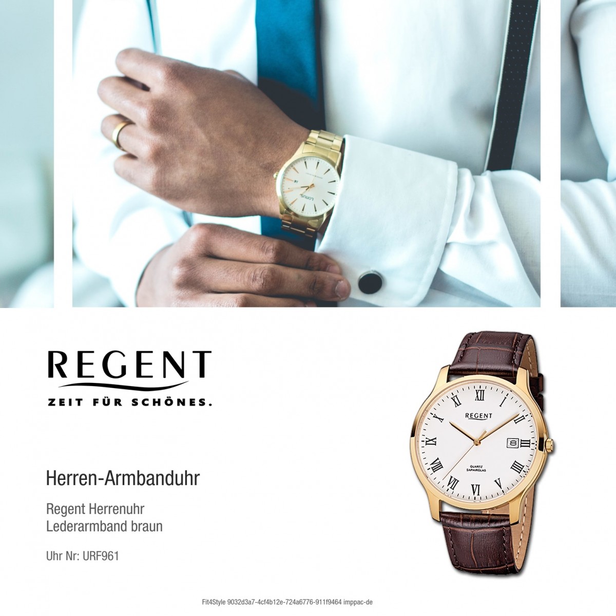 Regent Herren-Armbanduhr F-961 Quarz-Uhr Leder-Armband URF961 braun