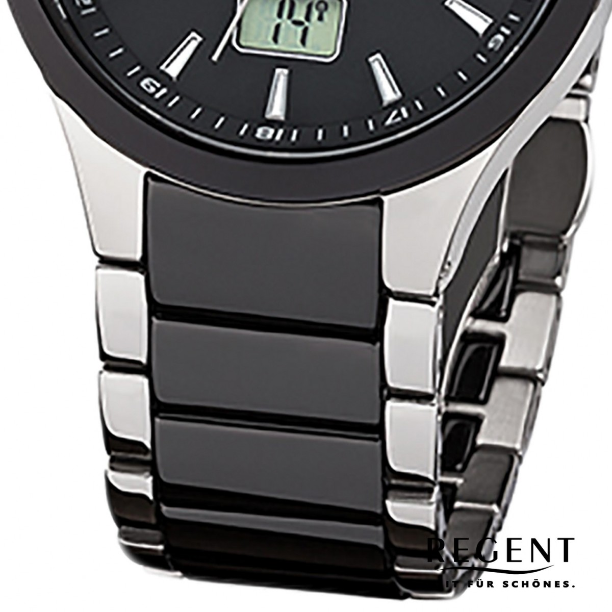 silber URFR237 Regent Stahl-Keramik-Armband schwarz FR-237 Funkuhr Herren-Uhr