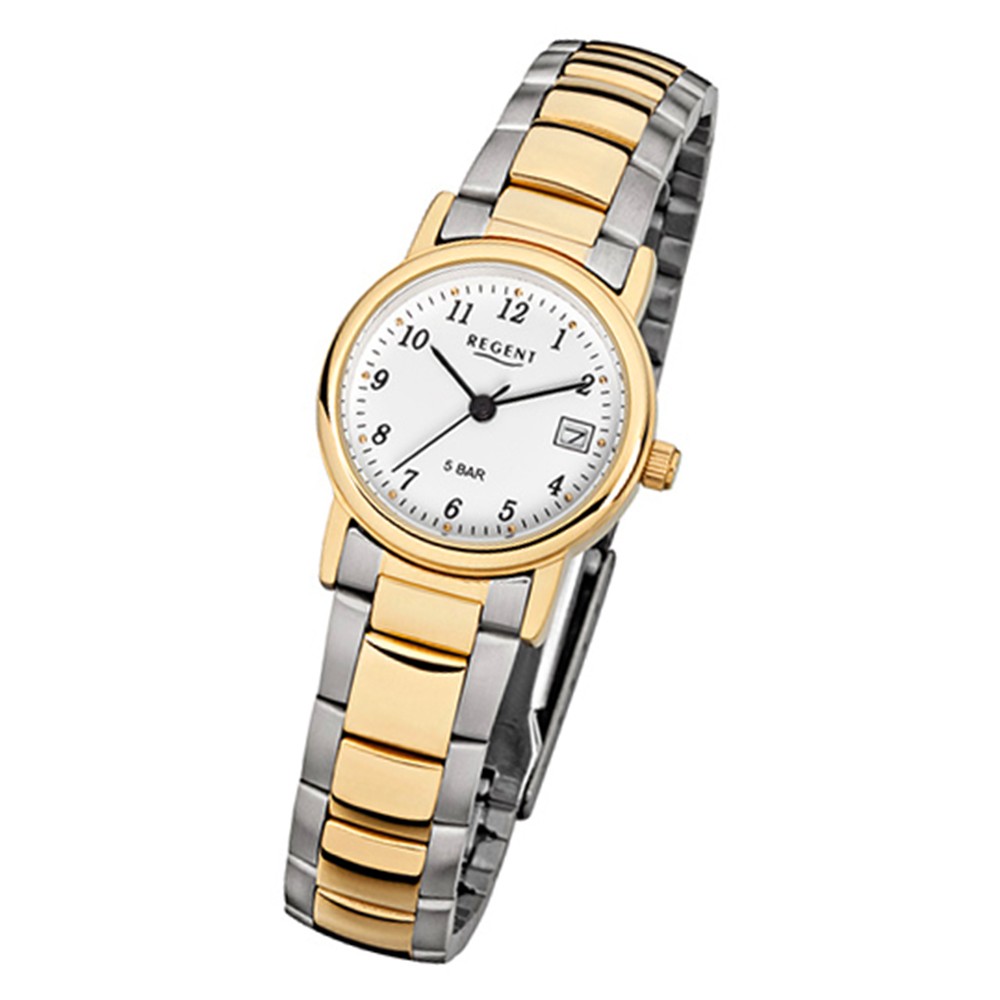 Regent Damen-Armbanduhr F-593 silber Quarz-Uhr gold Stahl-Armband URF593