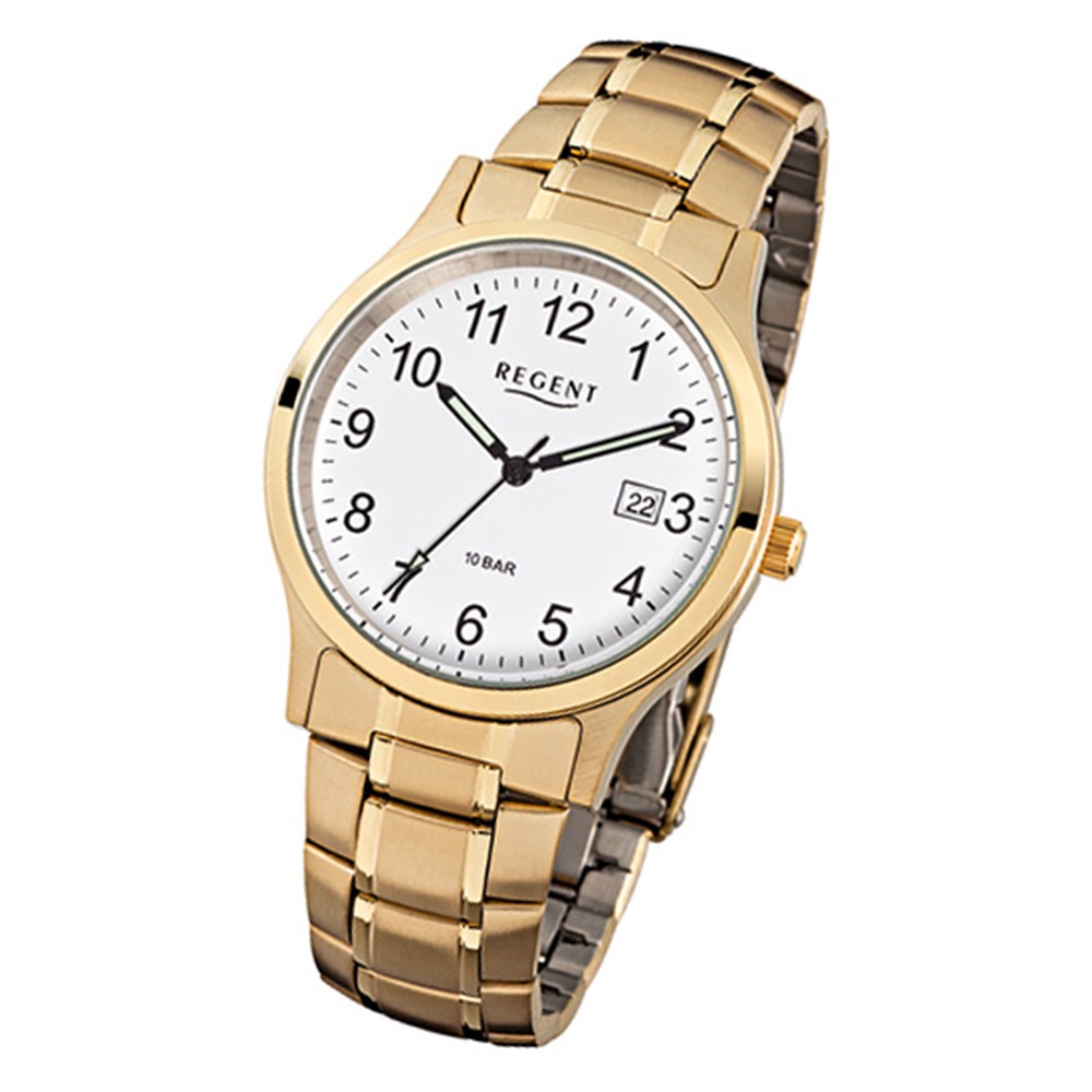 Regent Herren-Armbanduhr Stahl-Armband F-776 URF776 gold Quarz-Uhr