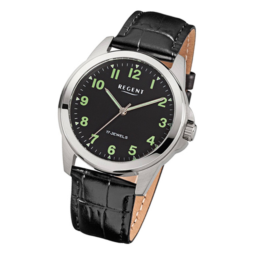 Herren-Armbanduhr Regent schwarz Handaufzug F-1392 Leder-Armband URF818