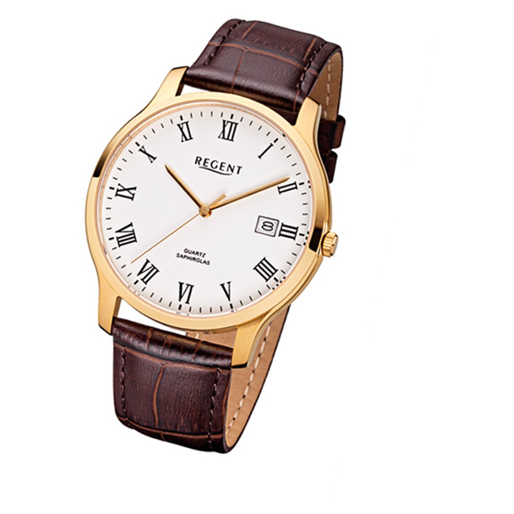 Regent Herren-Armbanduhr F-961 Quarz-Uhr Leder-Armband URF961 braun