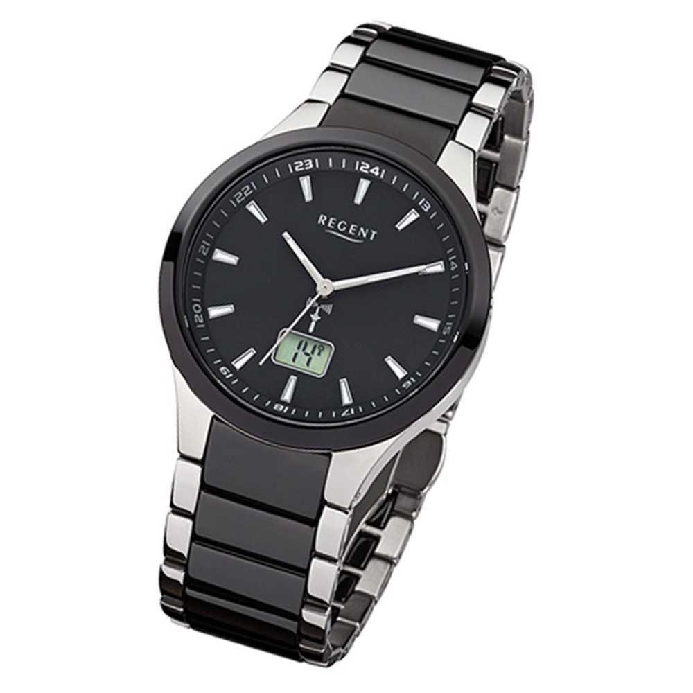 Regent Herren-Uhr FR-237 Funkuhr Stahl-Keramik-Armband silber URFR237 schwarz