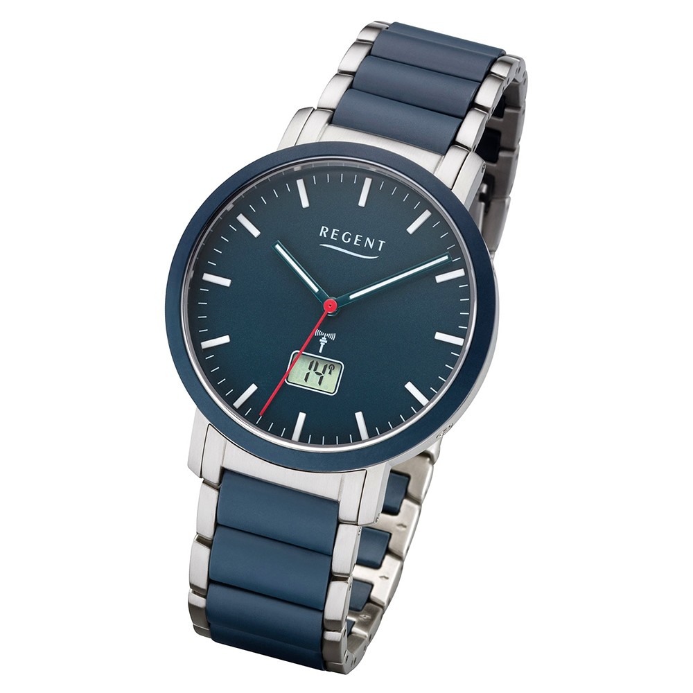 silber Regent Funk-Uhr Digital blau Armbanduhr URFR254 Analog FR-254 Metall