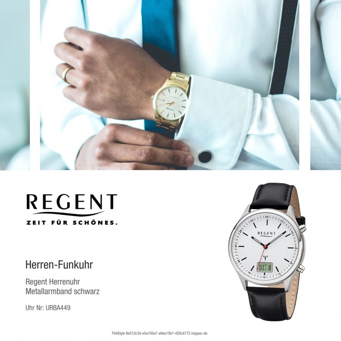 Regent Herren Armbanduhr URBA449 Analog-Digital BA-449 Leder Funk-Uhr schwarz