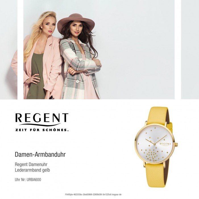 Damen Quarz-Uhr URBA600 Analog Leder gelb BA-600 Regent Armbanduhr
