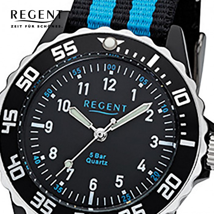 Regent Kinder, Jugend-Armbanduhr 32-F-1126 Quarz-Uhr blau Stoff-Armband Textil, schwarz URF1126