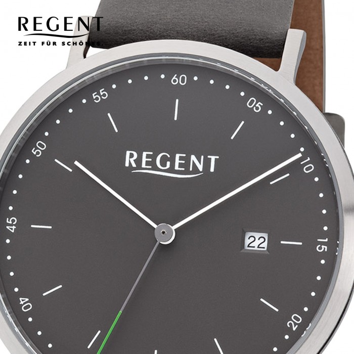 Regent Herren Quarz-Uhr grau F-1142 Armbanduhr Analog Leder URF1142