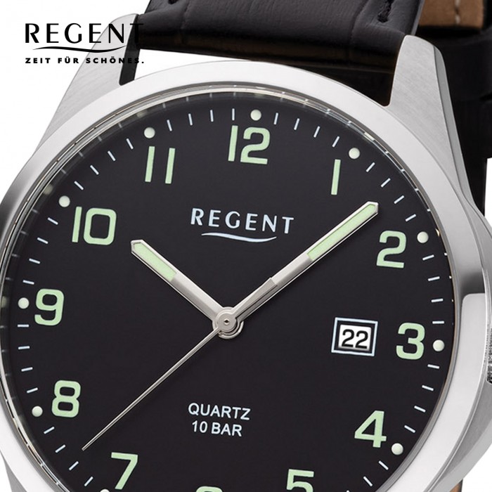 URF1227 Regent F-1227 schwarz Herren Quarz-Uhr Armbanduhr Analog Leder