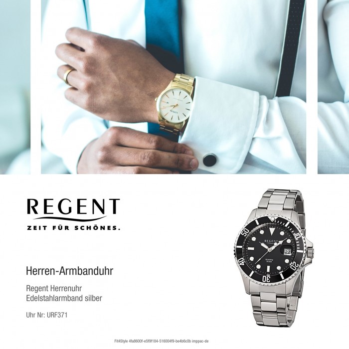 Regent Herren-Armbanduhr F-371 Quarz-Uhr silber URF371 Stahl-Armband