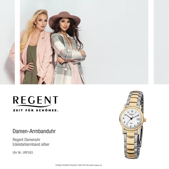 Regent Damen-Armbanduhr F-593 Quarz-Uhr Stahl-Armband silber URF593 gold