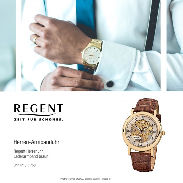 Regent Herren-Armbanduhr Mineralglas Handaufzug Leder F- 1390 mechanisch URF758 braun