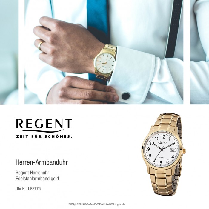 Regent Herren-Armbanduhr F-776 URF776 Stahl-Armband gold Quarz-Uhr