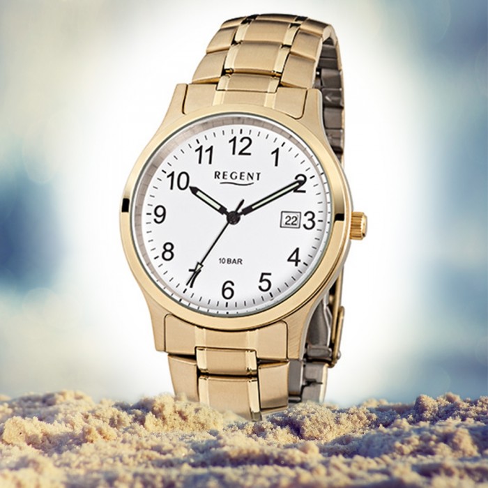Regent Herren-Armbanduhr Quarz-Uhr Stahl-Armband gold F-776 URF776