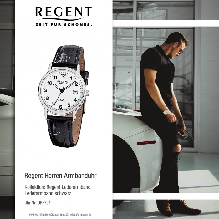 Regent Herren-Armbanduhr F-791 schwarz Quarz-Uhr URF791 Leder-Armband