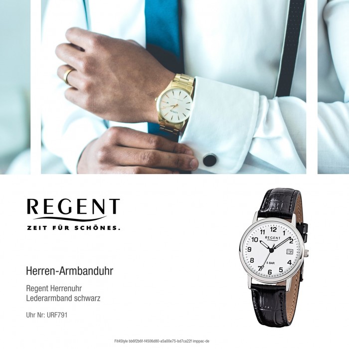 Leder-Armband Quarz-Uhr schwarz Regent Herren-Armbanduhr URF791 F-791