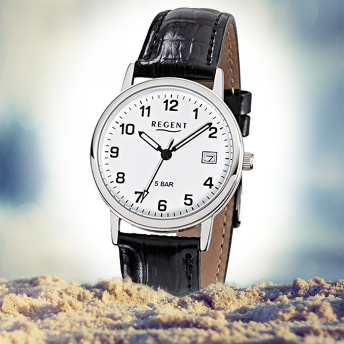 Regent Herren-Armbanduhr F-791 Quarz-Uhr URF791 schwarz Leder-Armband