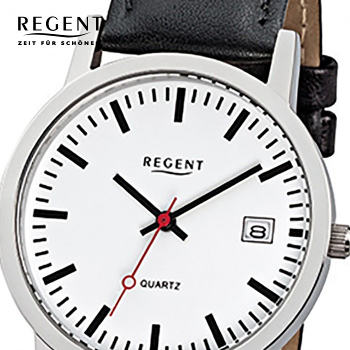 Regent Damen Herren-Armbanduhr Mineralglas URF794 Quarz schwarz Leder