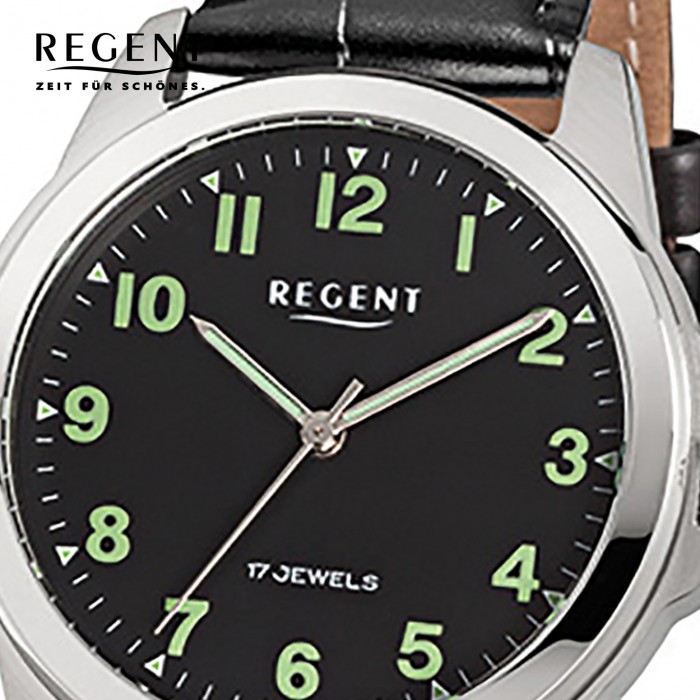 Regent Herren-Armbanduhr F-1392 Handaufzug Leder-Armband URF818 schwarz