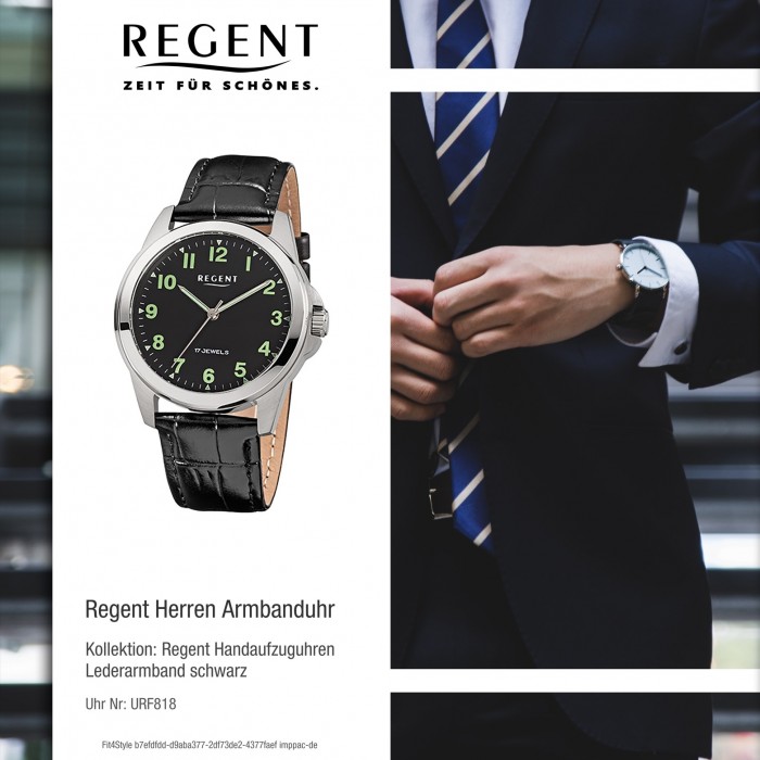 URF818 F-1392 Regent Herren-Armbanduhr schwarz Handaufzug Leder-Armband