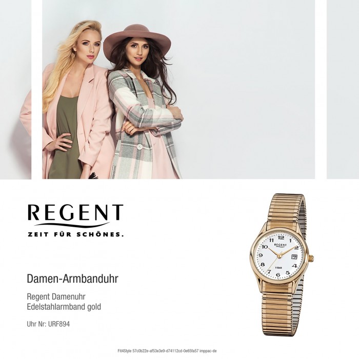 Herren-Armbanduhr Regent Quarz-Uhr URF894 F-894 Damen, Stahl-Armband gold
