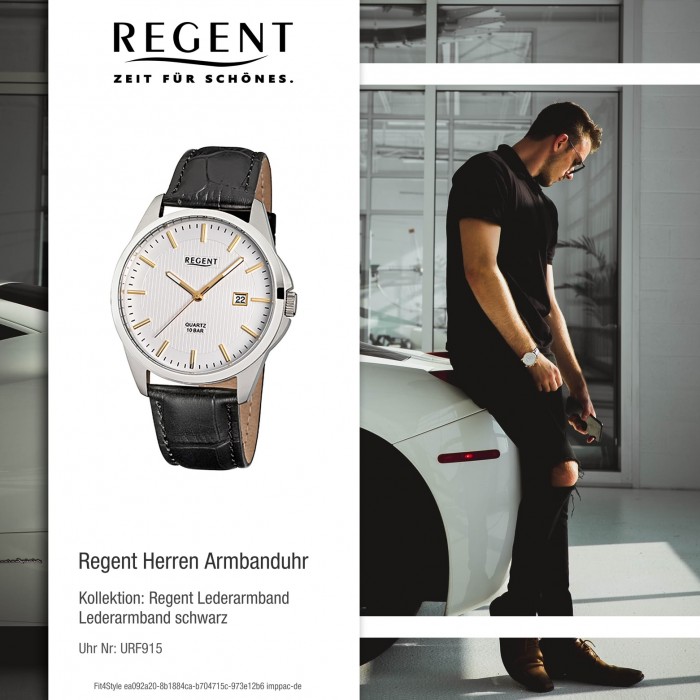 Regent Herren-Armbanduhr schwarz Quarz-Uhr URF915 Leder-Armband F-915