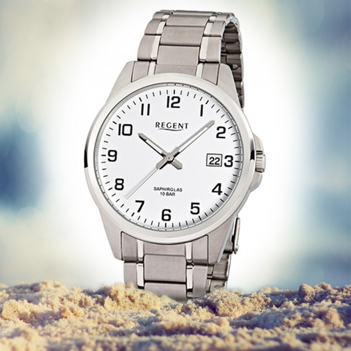 Regent Herren-Armbanduhr F-925 silber Titan-Armband Quarz-Uhr URF925