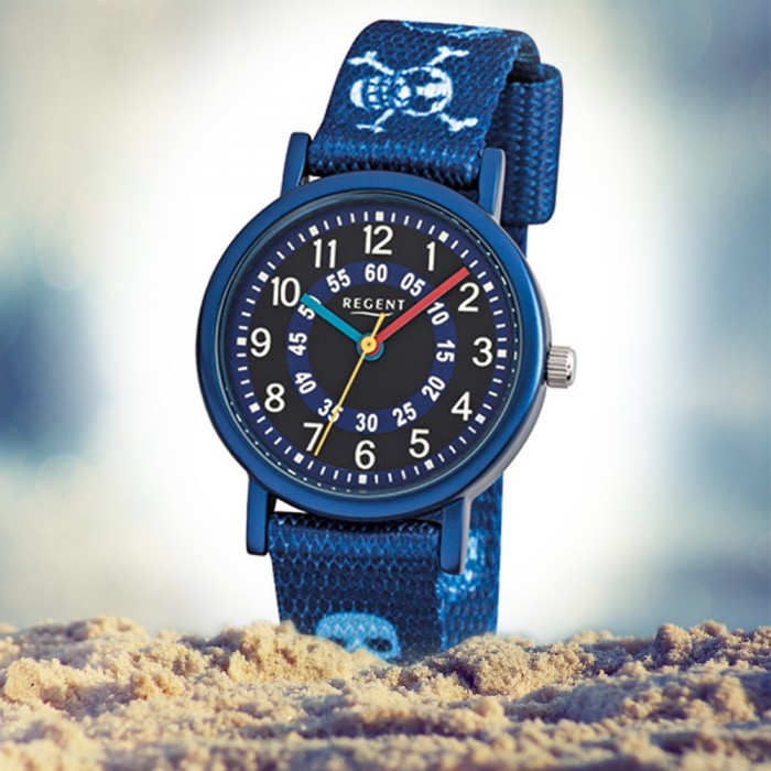 Regent Kinder-Armbanduhr Pirat Mineralglas Quarz Textil URF951 blau