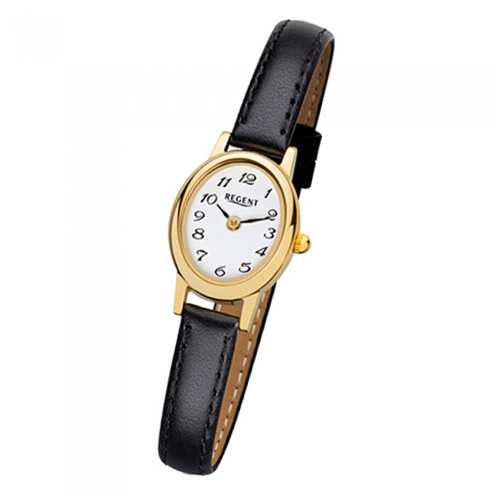 Regent Damen-Armbanduhr F-977 Quarz-Uhr Mini URF977 schwarz Leder-Armband