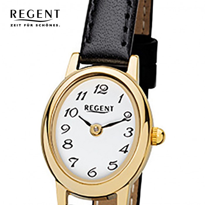 Quarz-Uhr Mini F-977 URF977 Damen-Armbanduhr Regent schwarz Leder-Armband