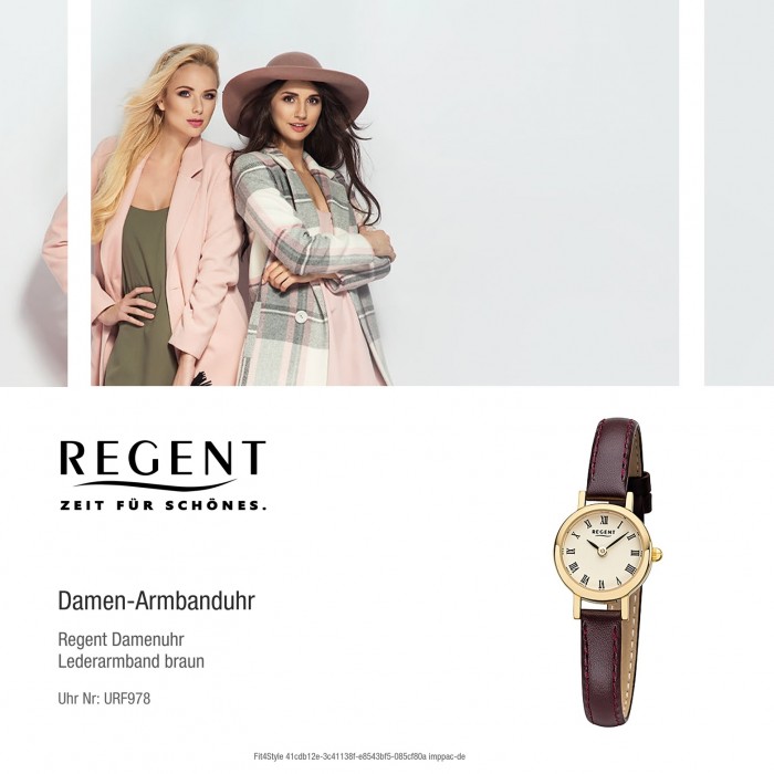 Regent Damen-Armbanduhr F-978 URF978 Quarz-Uhr Mini Leder-Armband braun