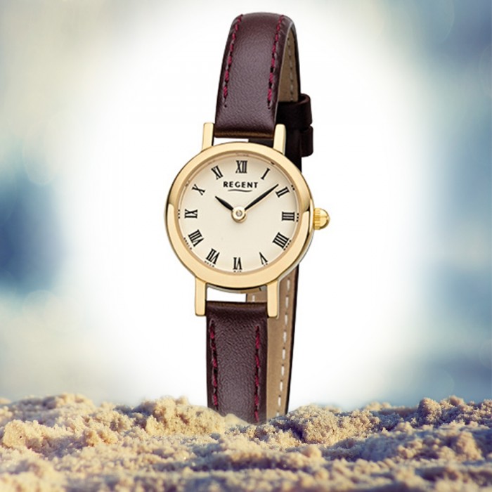 Regent Damen-Armbanduhr F-978 braun Leder-Armband URF978 Quarz-Uhr Mini
