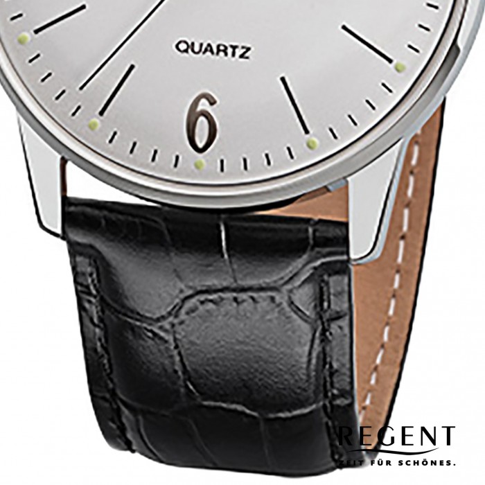 Regent Herren-Armbanduhr F-986 Quarz-Uhr Retro URF986 schwarz Leder-Armband