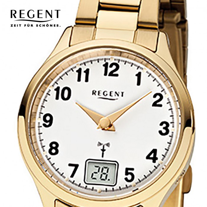 32-FR-195 URFR195 Damen-Armbanduhr gold Regent Edelstahl-Armband Funkuhr