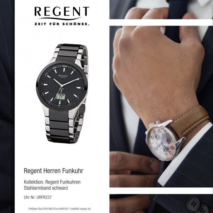 Regent Herren-Uhr Funkuhr schwarz silber FR-237 Stahl-Keramik-Armband URFR237