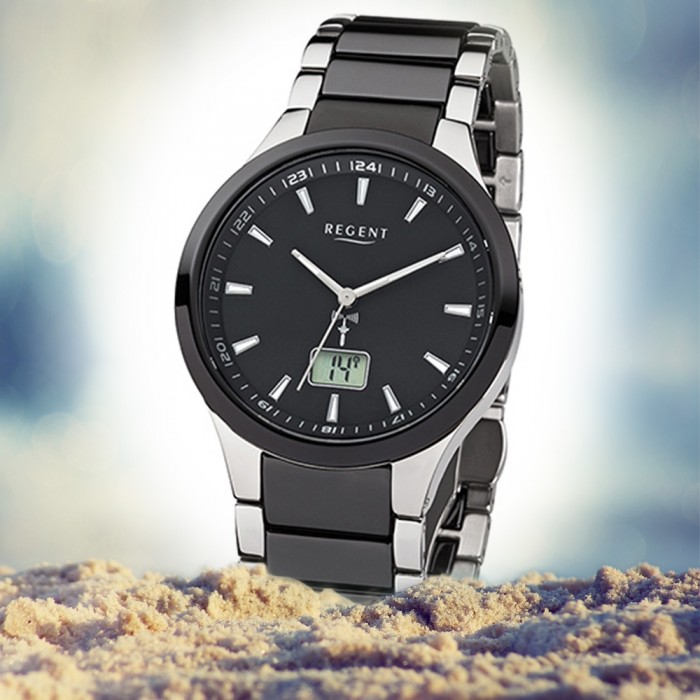 Herren-Uhr Regent silber FR-237 Funkuhr URFR237 schwarz Stahl-Keramik-Armband