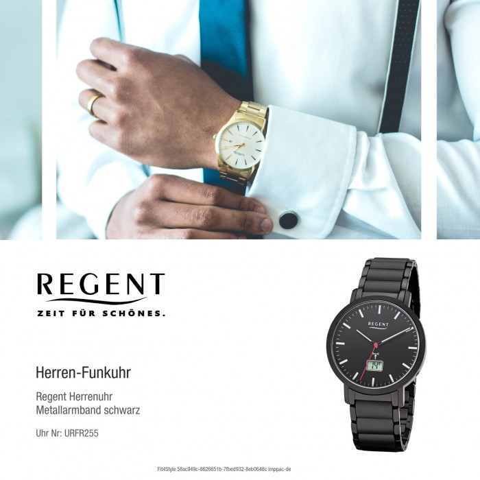Regent Armbanduhr URFR255 schwarz FR-255 Metall Herren Funk-Uhr Analog-Digital