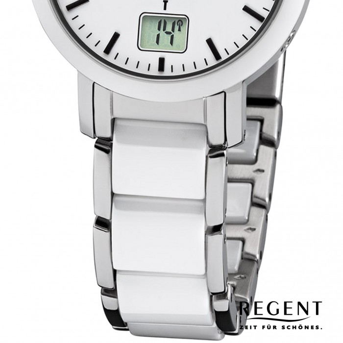 Regent Armbanduhr Analog weiß URFR264 Digital FR-264 silber Metall Funk-Uhr