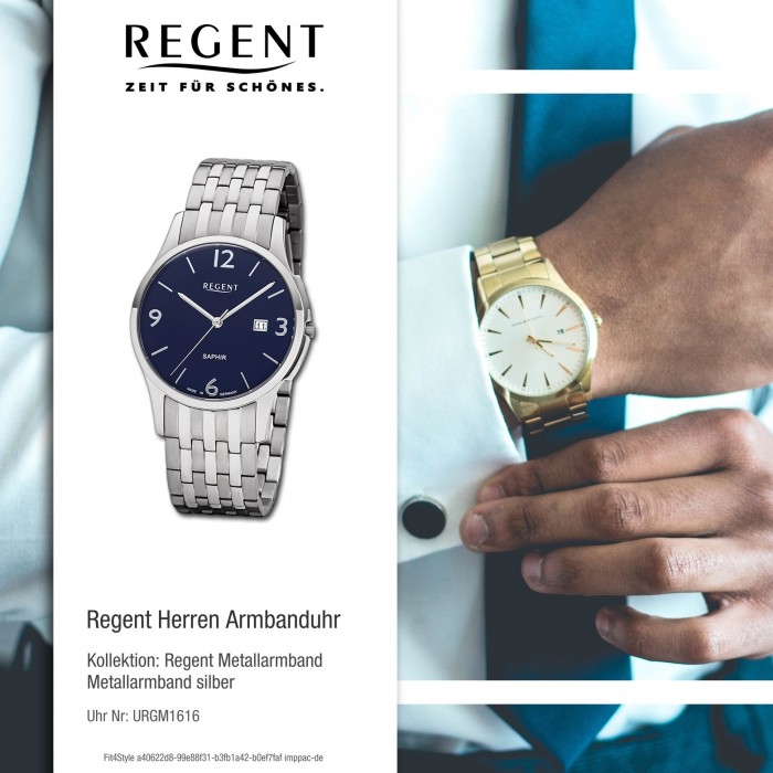 Regent Herren Armbanduhr Analog GM-1616 URGM1616 silber Metall Quarz-Uhr