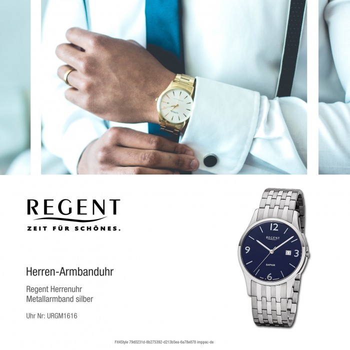 Herren Analog Metall Armbanduhr URGM1616 Quarz-Uhr Regent GM-1616 silber